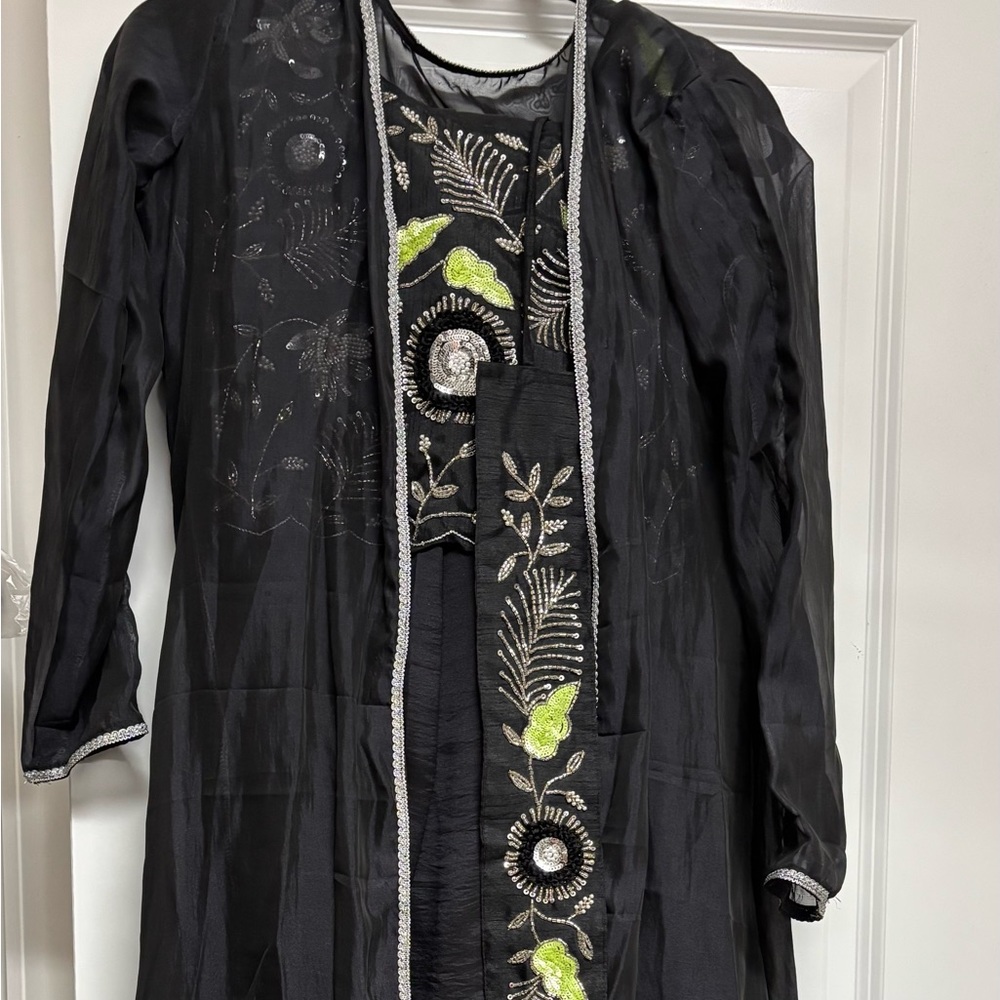 Elegant indian Black Embroidered Women's Coat, crop and lehenga set